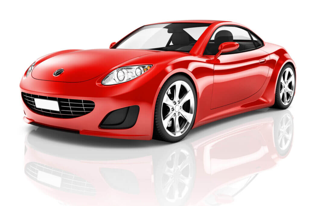 A sleek, red sports car with a glossy finish is parked on a reflective surface, showcasing its modern design and sporty appeal.