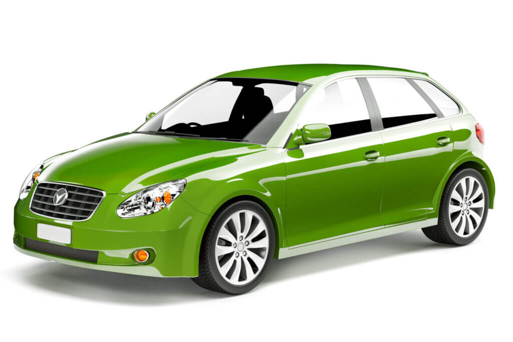 A shiny, green hatchback car is displayed on a white background. No people, landmarks, or historical buildings are visible.