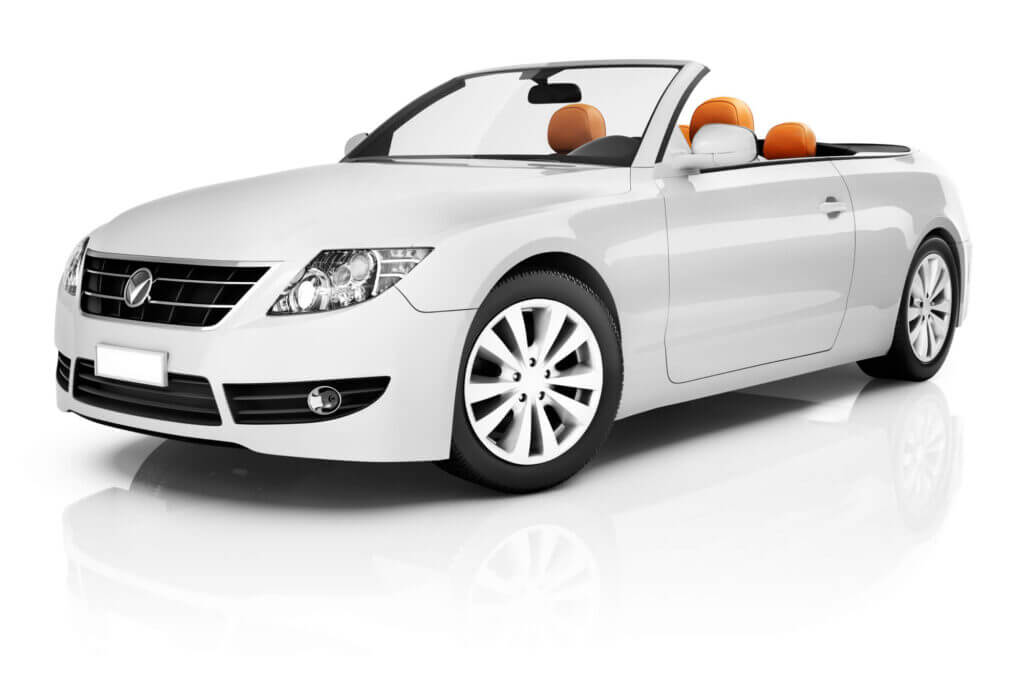 A white convertible car with orange interior, top down, shown on a reflective surface, styled in a modern and sleek design.